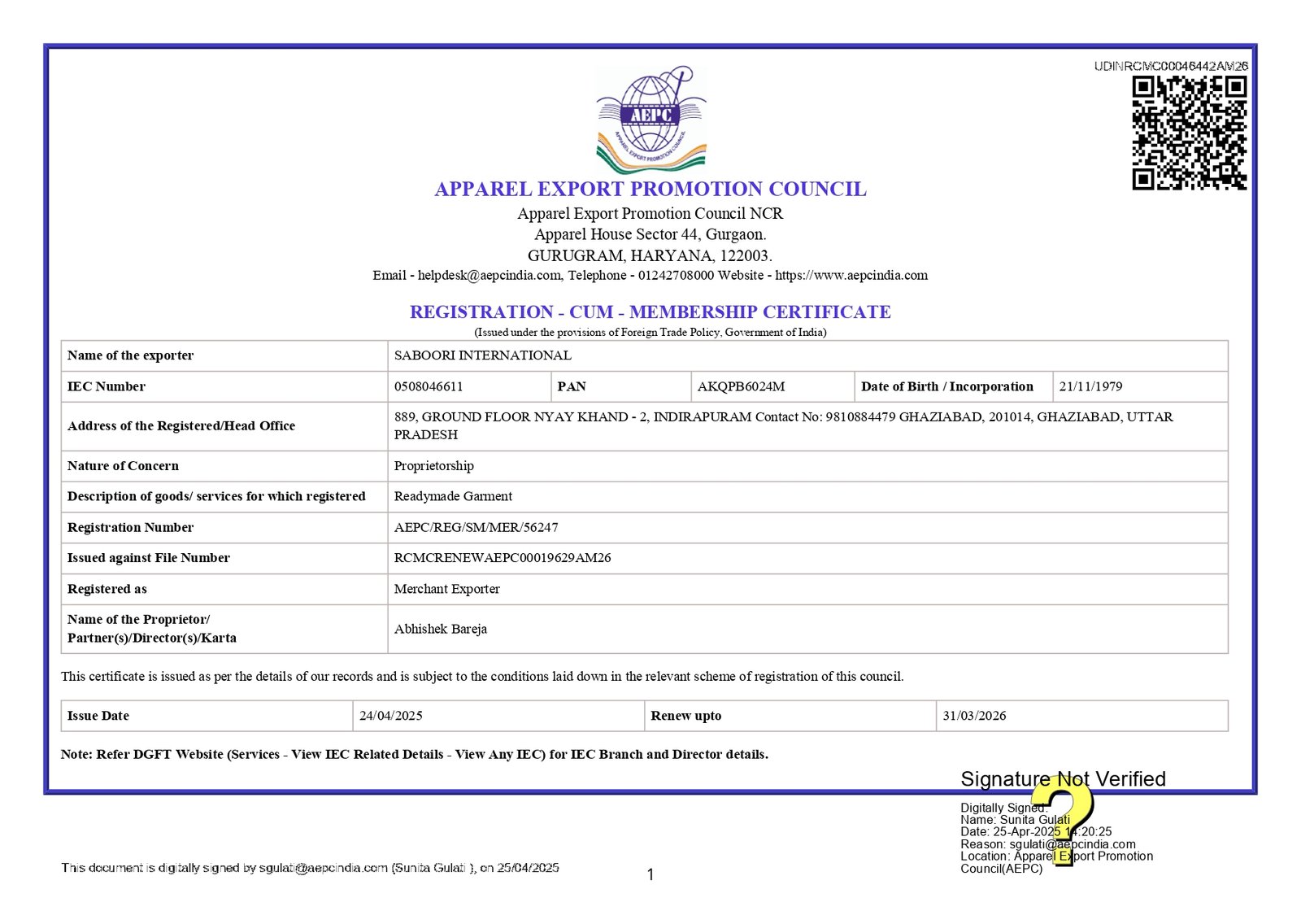 Saboori Certificate